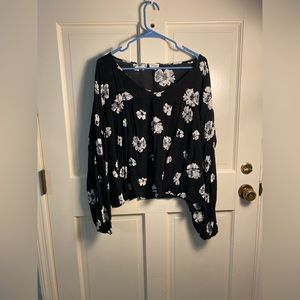 Black Blouse with white flowers- Peach Love California- LARGE
